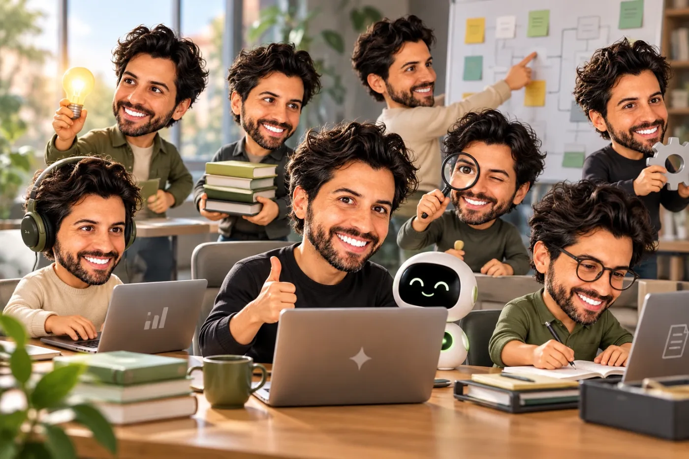 A room full of Walters at laptops, with a small robot helping
