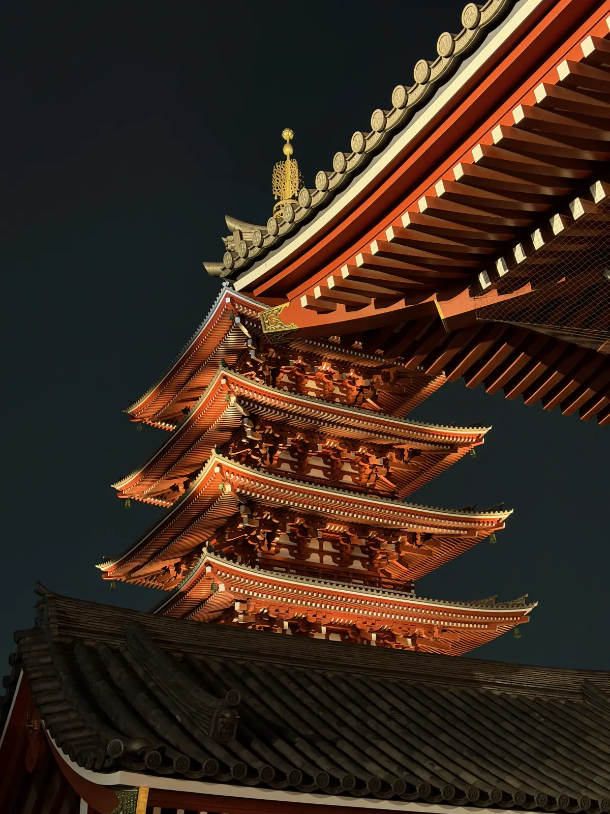 The five-storey pagoda at Senso-ji lit up at night